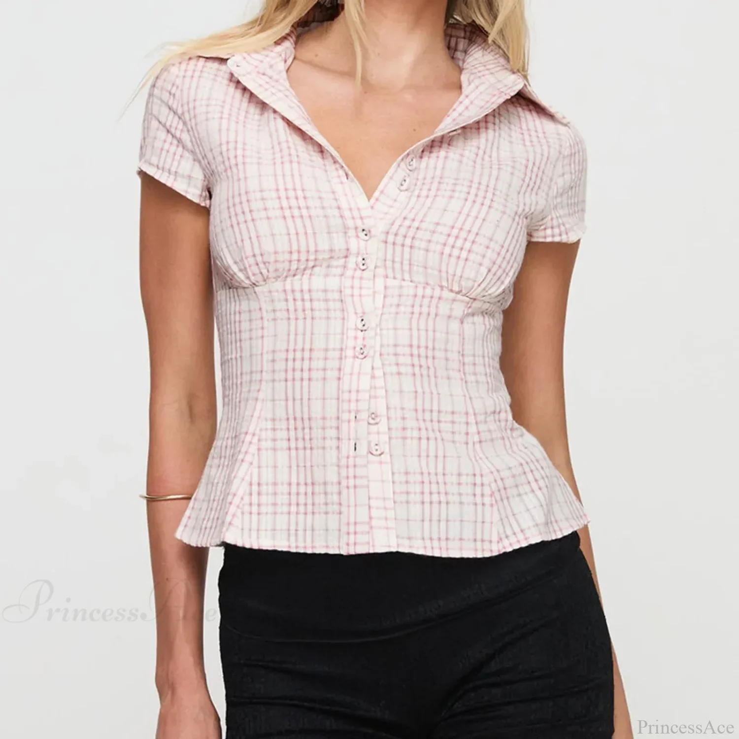 Y2K Plaid Button Down Short Sleeve Blouse - Image 6