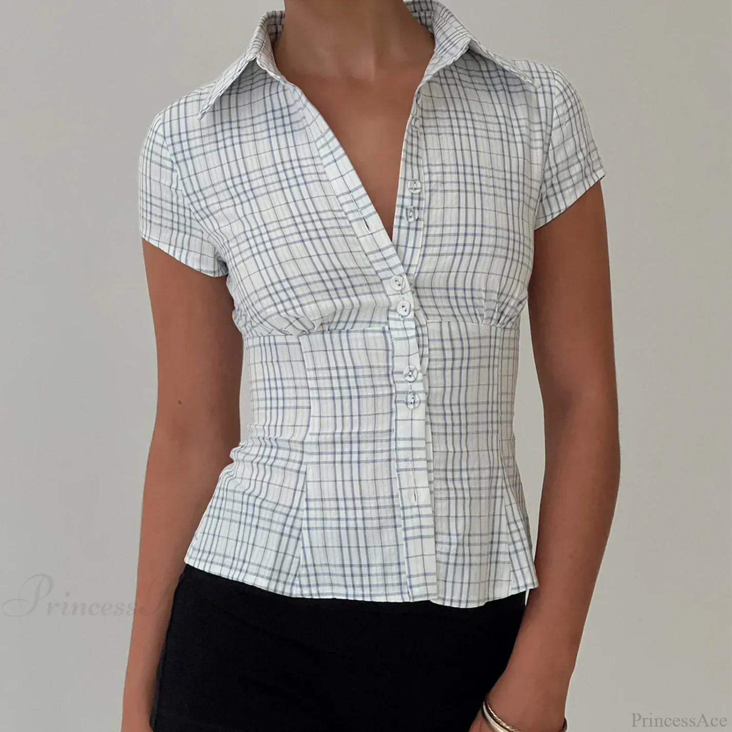 Y2K Plaid Button Down Short Sleeve Blouse - Image 7