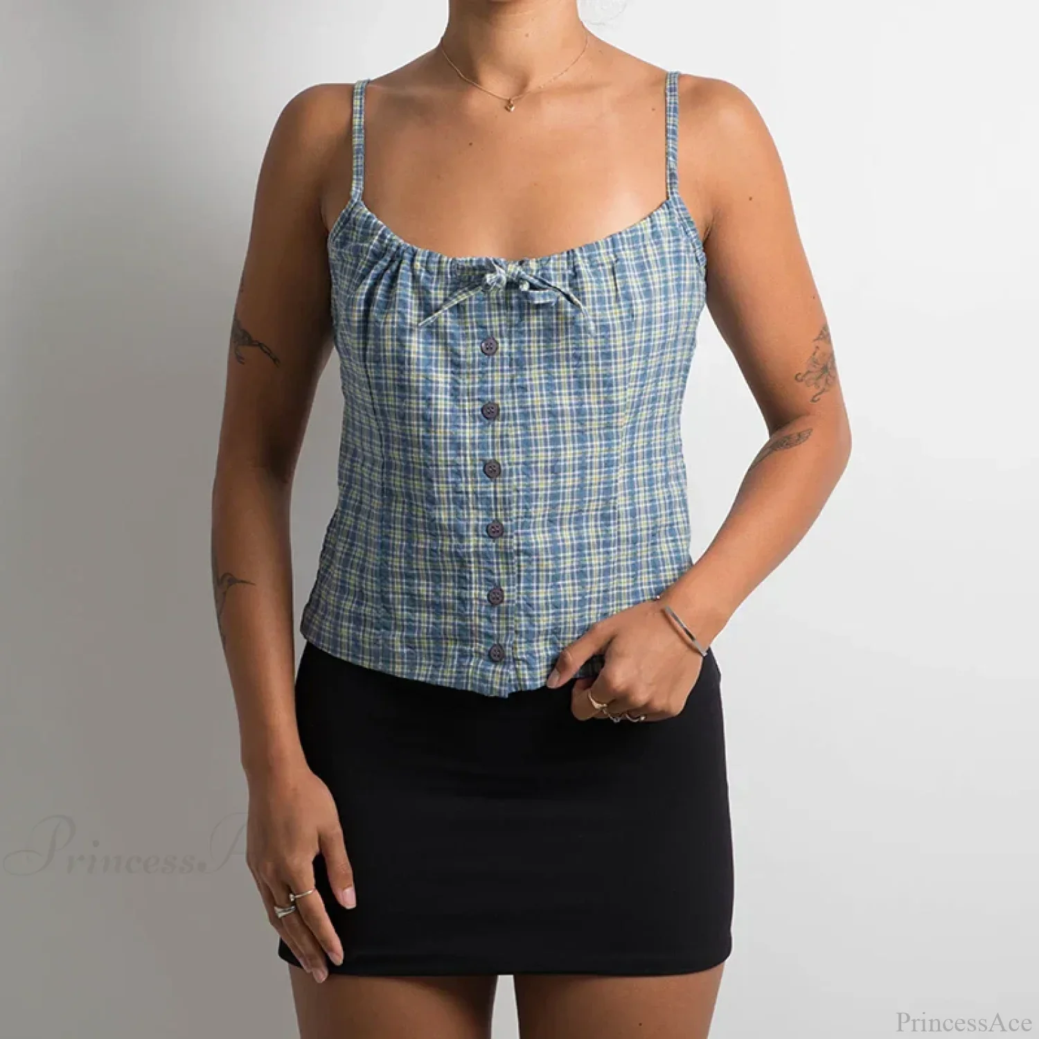 Y2K Plaid Print Sleeveless 00s Aesthetic Front Button Retro Backless Slim Fit Crop Top - Image 3
