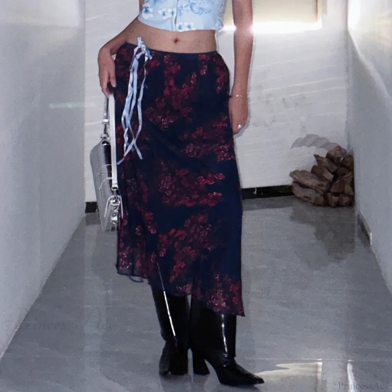 Y2K Retro Floral Printed High Waist Ruffled Women's Long Skirt - Image 4