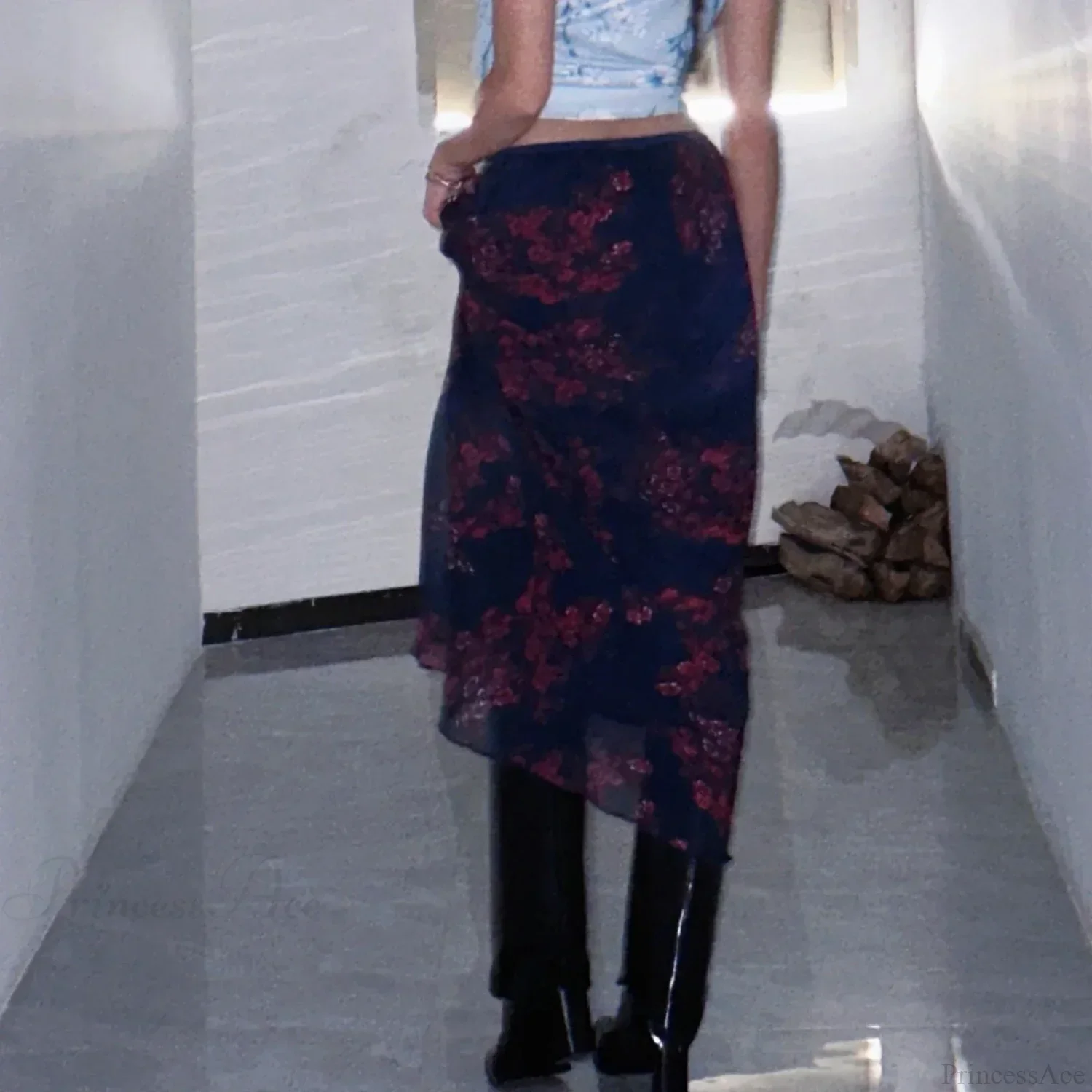 Y2K Retro Floral Printed High Waist Ruffled Women's Long Skirt - Image 5