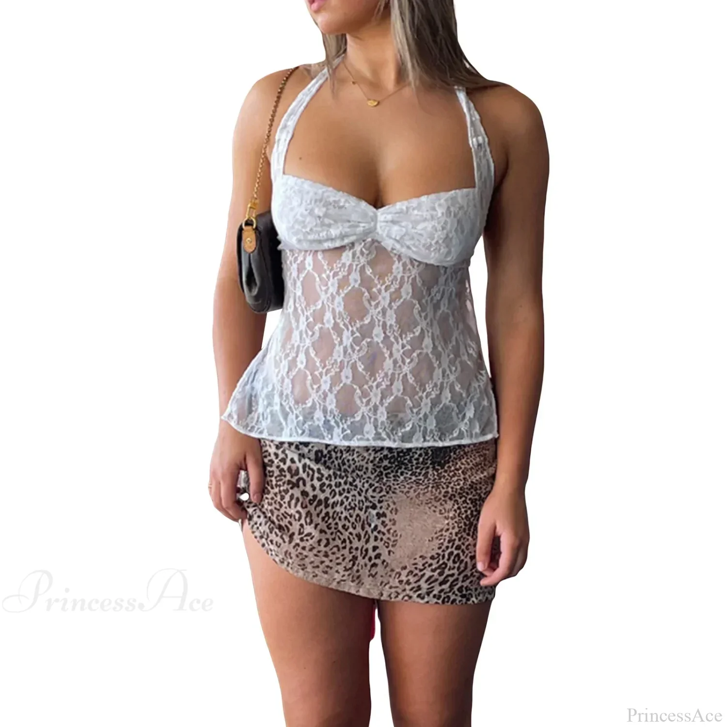 Y2K Retro Lace Sheer Mesh Backless Bandage Halter Crop Top - Image 7