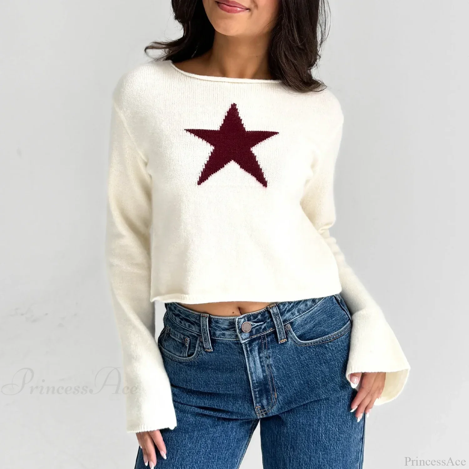 Y2K Star Print Lightweight Crewneck Cropped Knit Pullover Top - Image 2