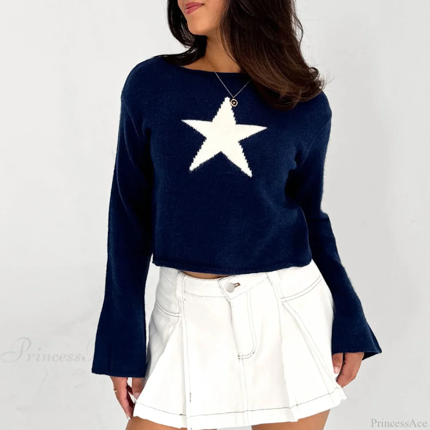 Y2K Star Print Lightweight Crewneck Cropped Knit Pullover Top - Image 5
