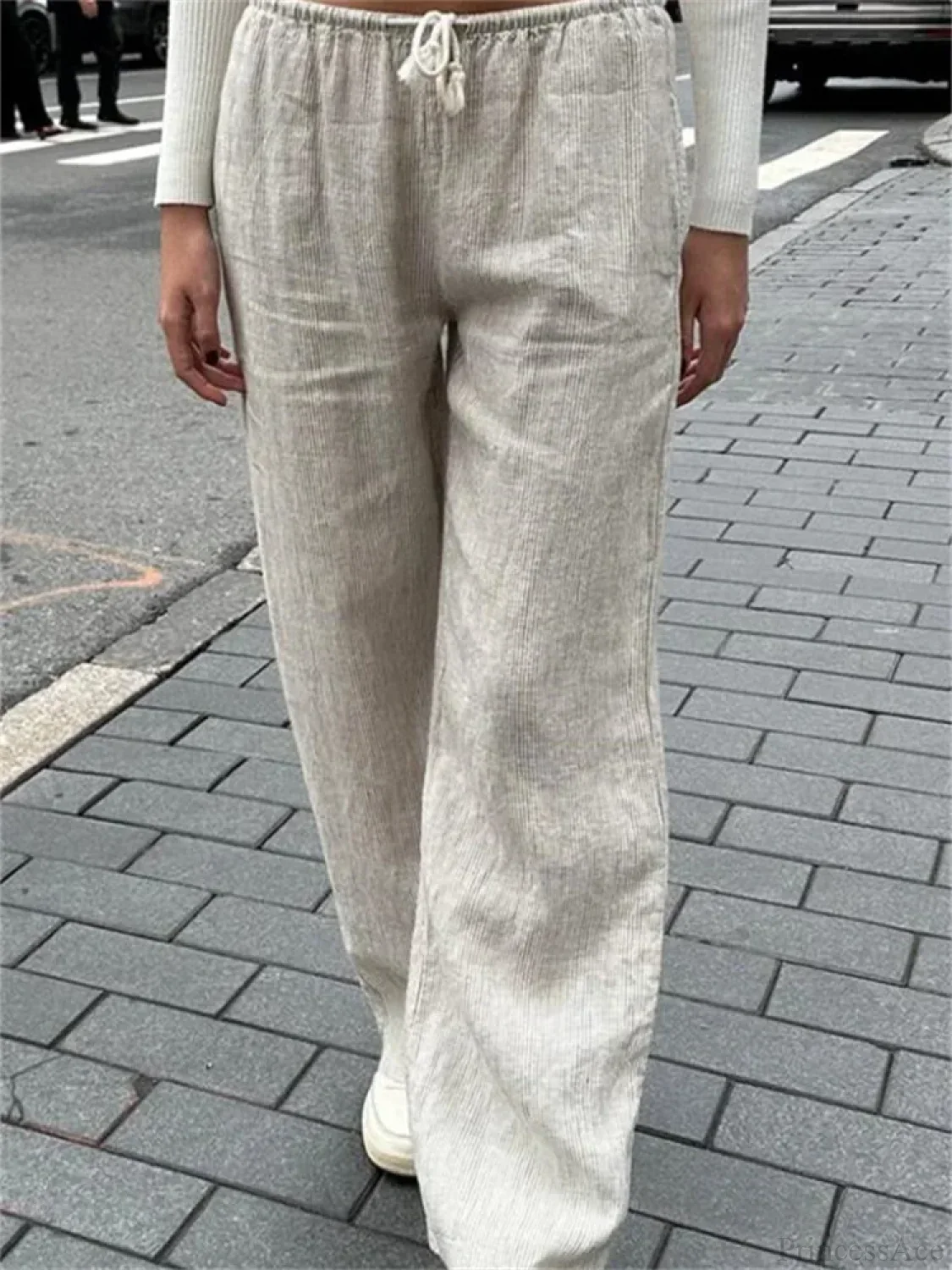 Casual Pinstripe Drawstring Loose Straight Street Pants - Image 3