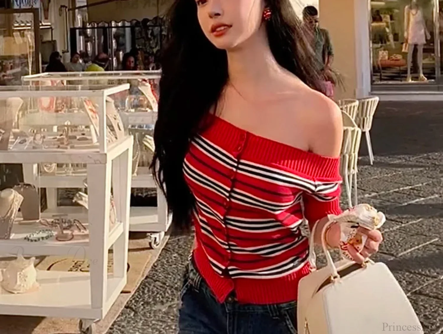 Y2K Striped Knitted Off Shoulder Button-front Sweater Knit Top - Image 3