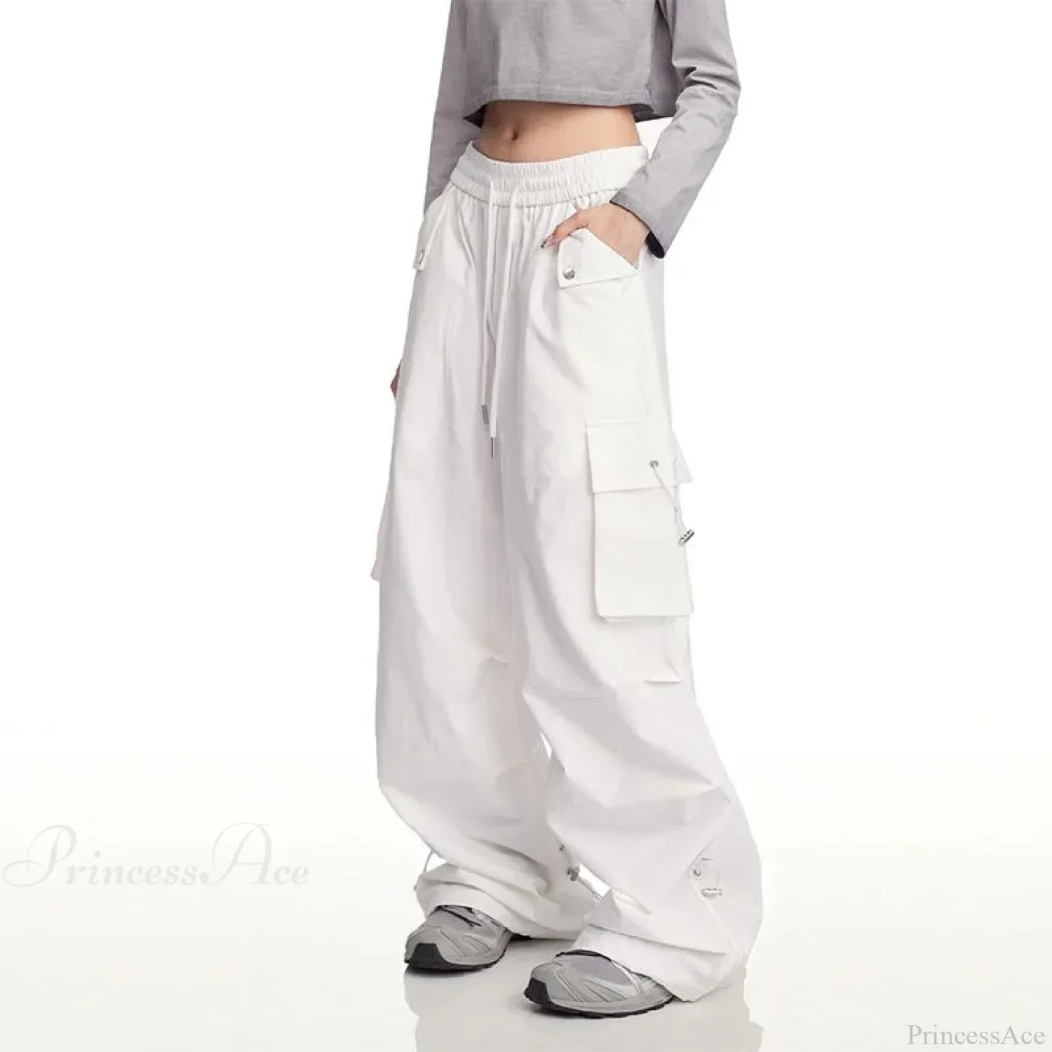 Y2K White Cargo Baggy Pants - Image 3
