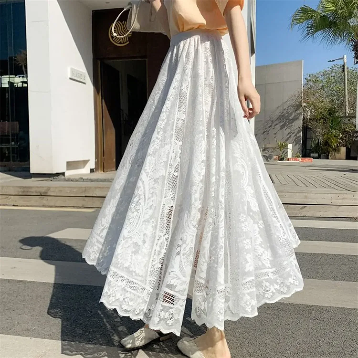 Y2K Women's Lace Crochet Umbrella Long Skirt Bohemian High Waist - Image 7