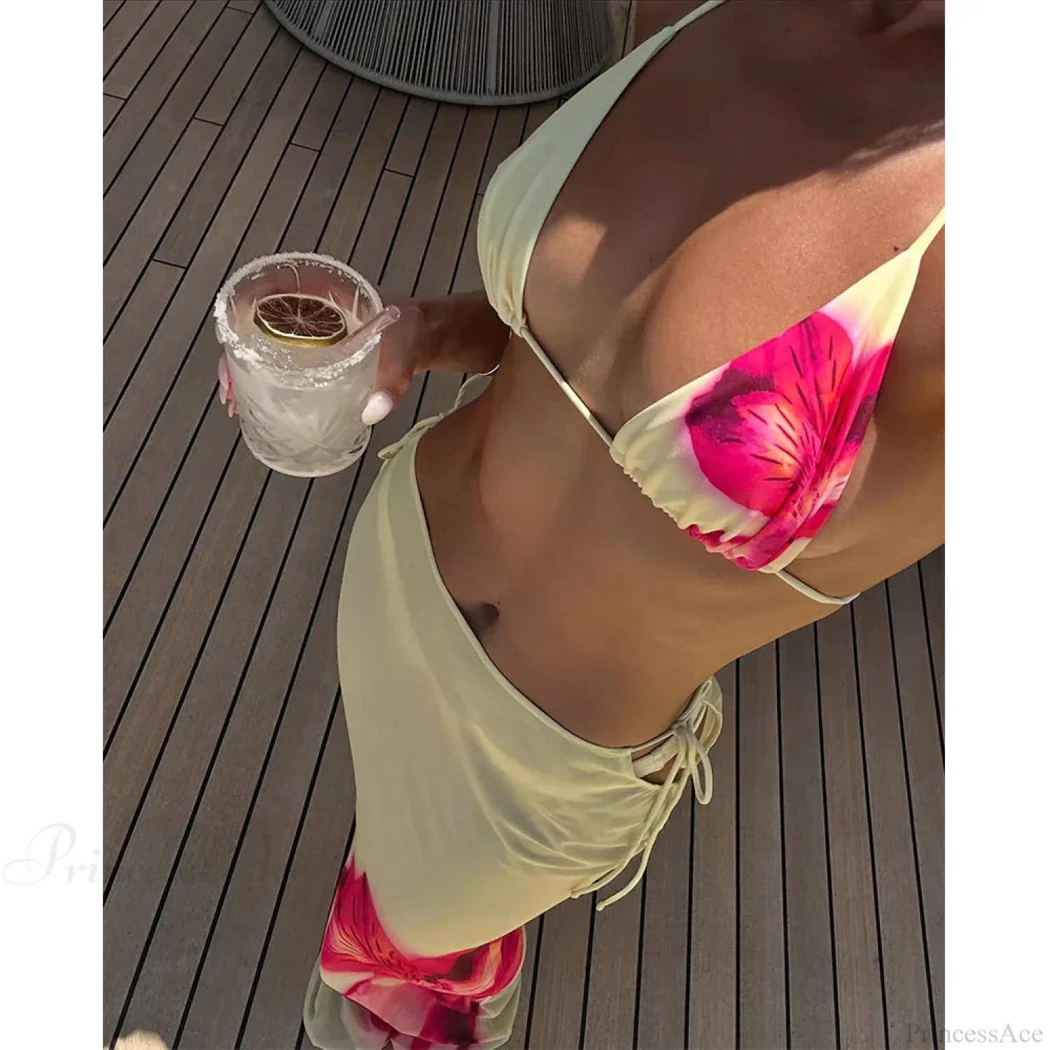 Yellow Floral Bikini Three Piece Swimsuit - Image 2