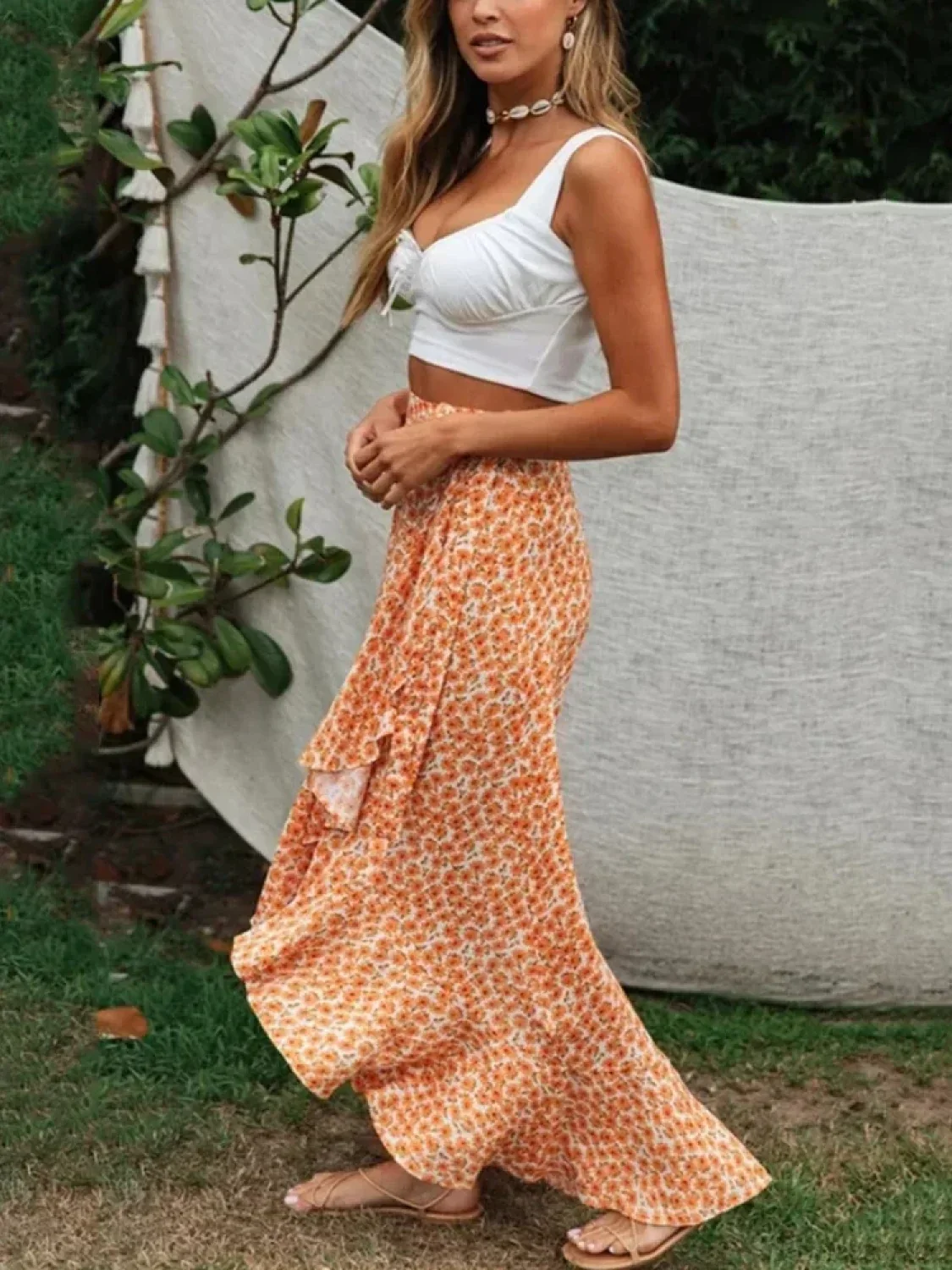 Yellow Floral Print Rayon Beach Split Asymmetrical Boho Skirt - Image 2