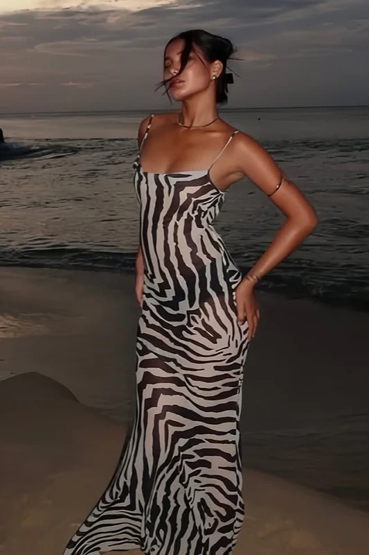 Zebra Print Backless Tie Bodycon Maxi Dress - Image 3