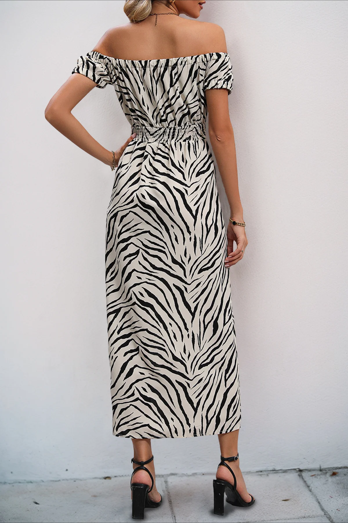 Zebra Print Off Shoulder Puff Sleeve Maxi Dress - Image 5