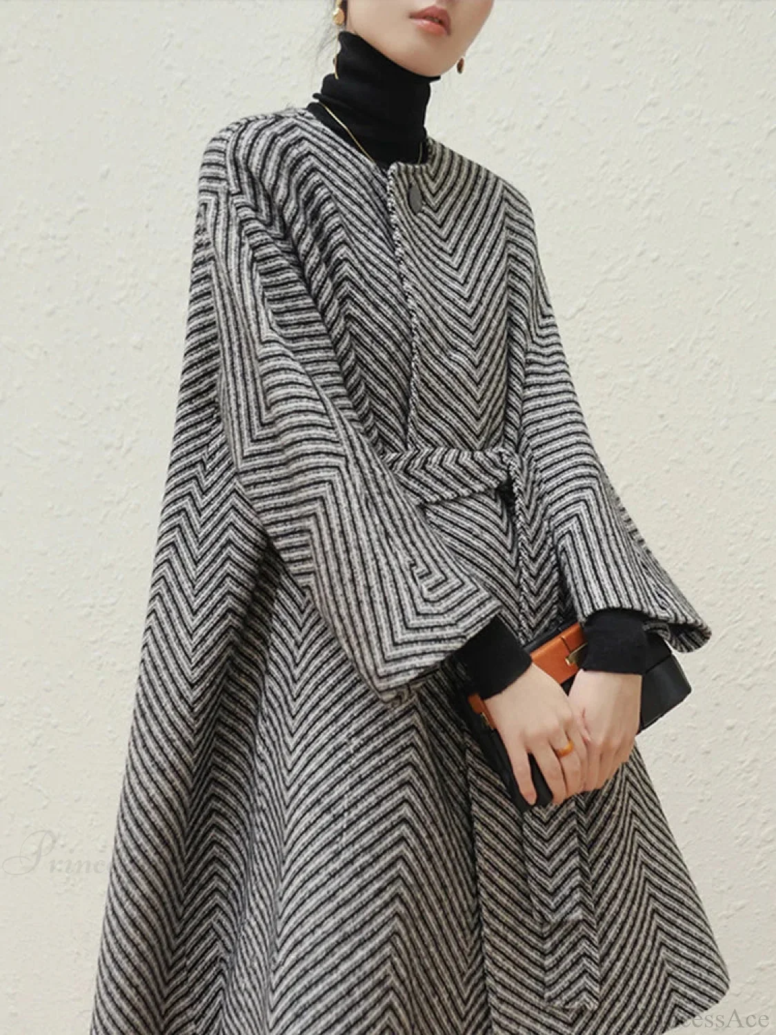 Zigzag Woolen Sashes A-Line Overcoat - Image 6