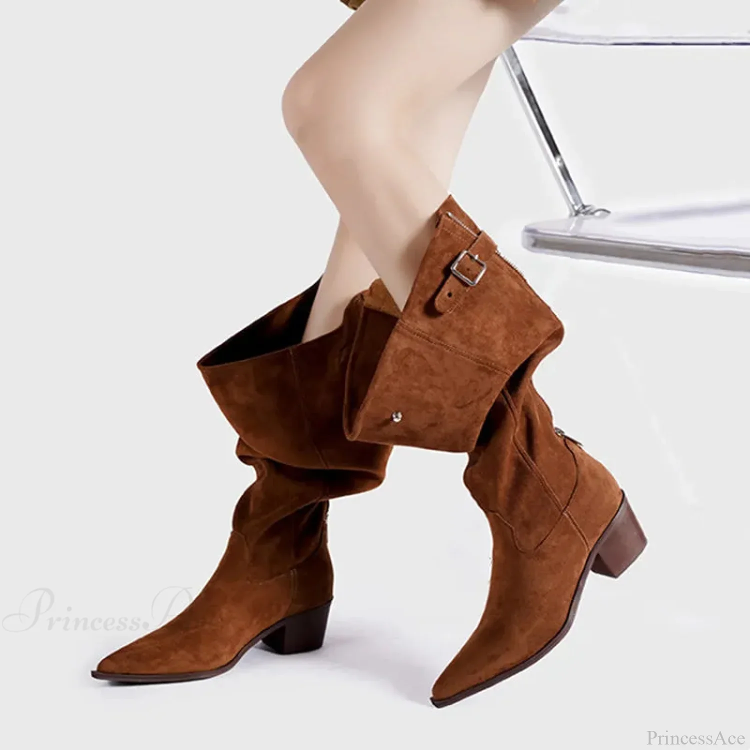 Zip False Leather Gothic Western Knee-High Boot - Image 2