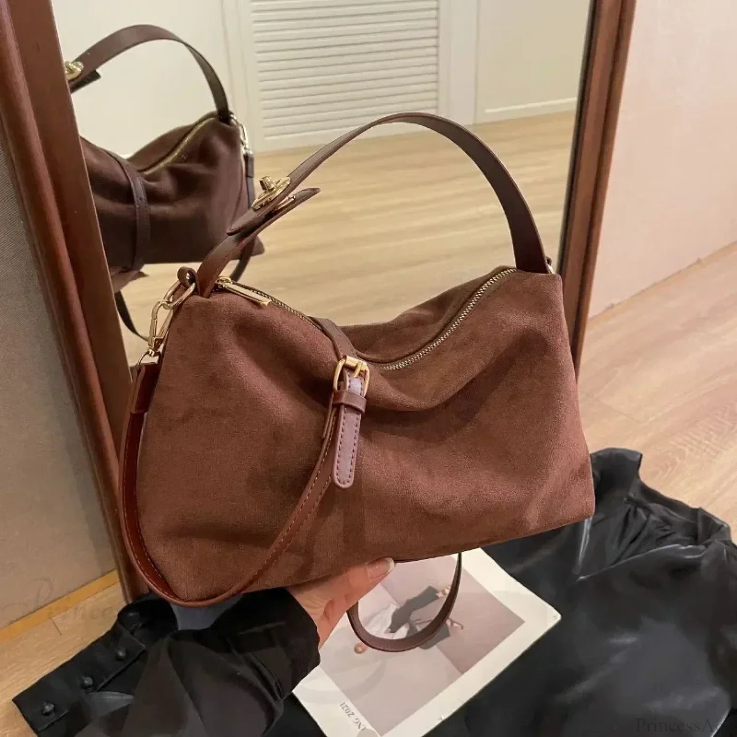 Zip Solid Sewing Thread PU High Capacity Shoulder Handbag