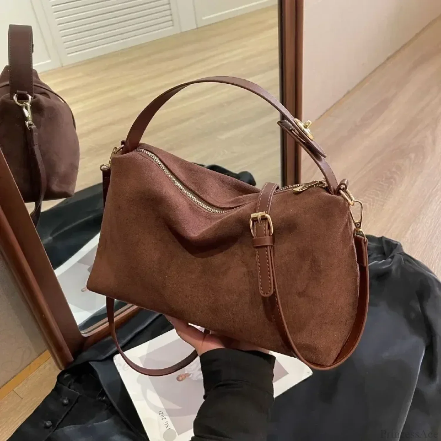 Zip Solid Sewing Thread PU High Capacity Shoulder Handbag - Image 2