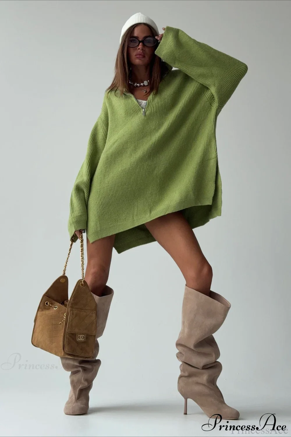 Zip Stand-Collar Thickened Solid Color Loose Sweater