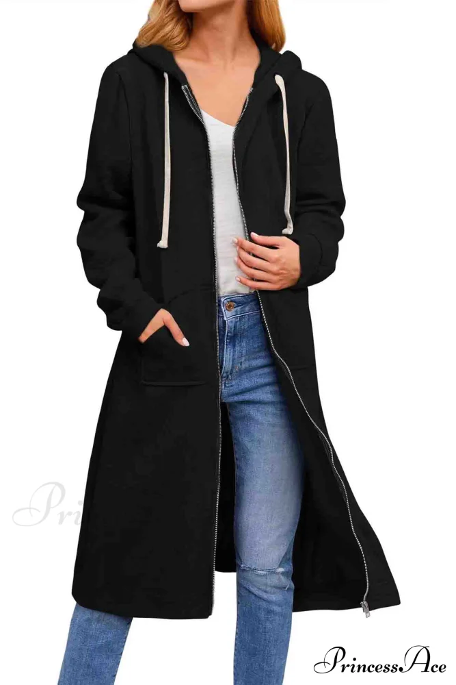 Zip Up Hooded Long Drawstring Cardigan - Image 3