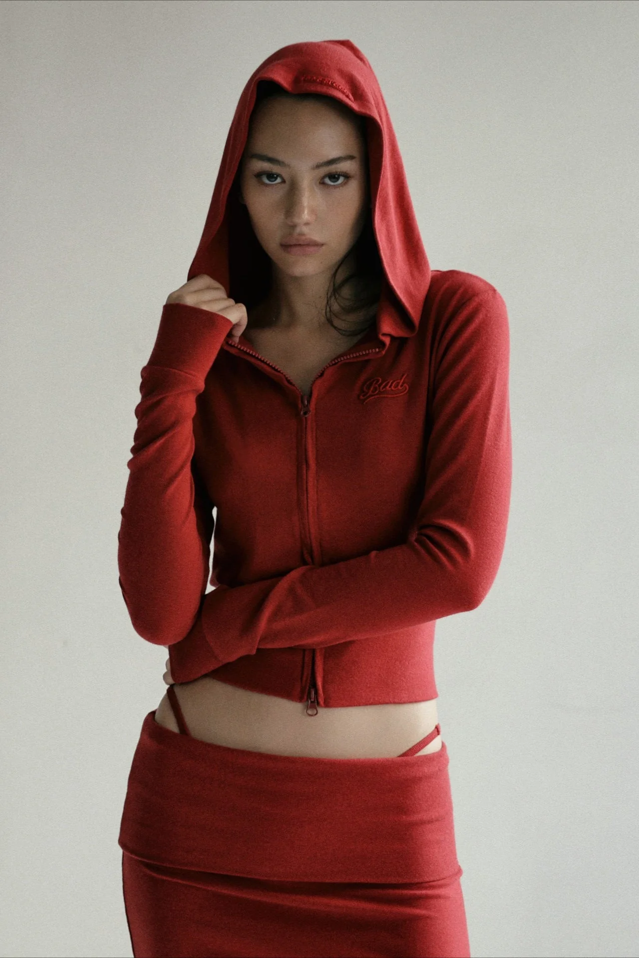 Zipper Cropped Embroidered Hoodie