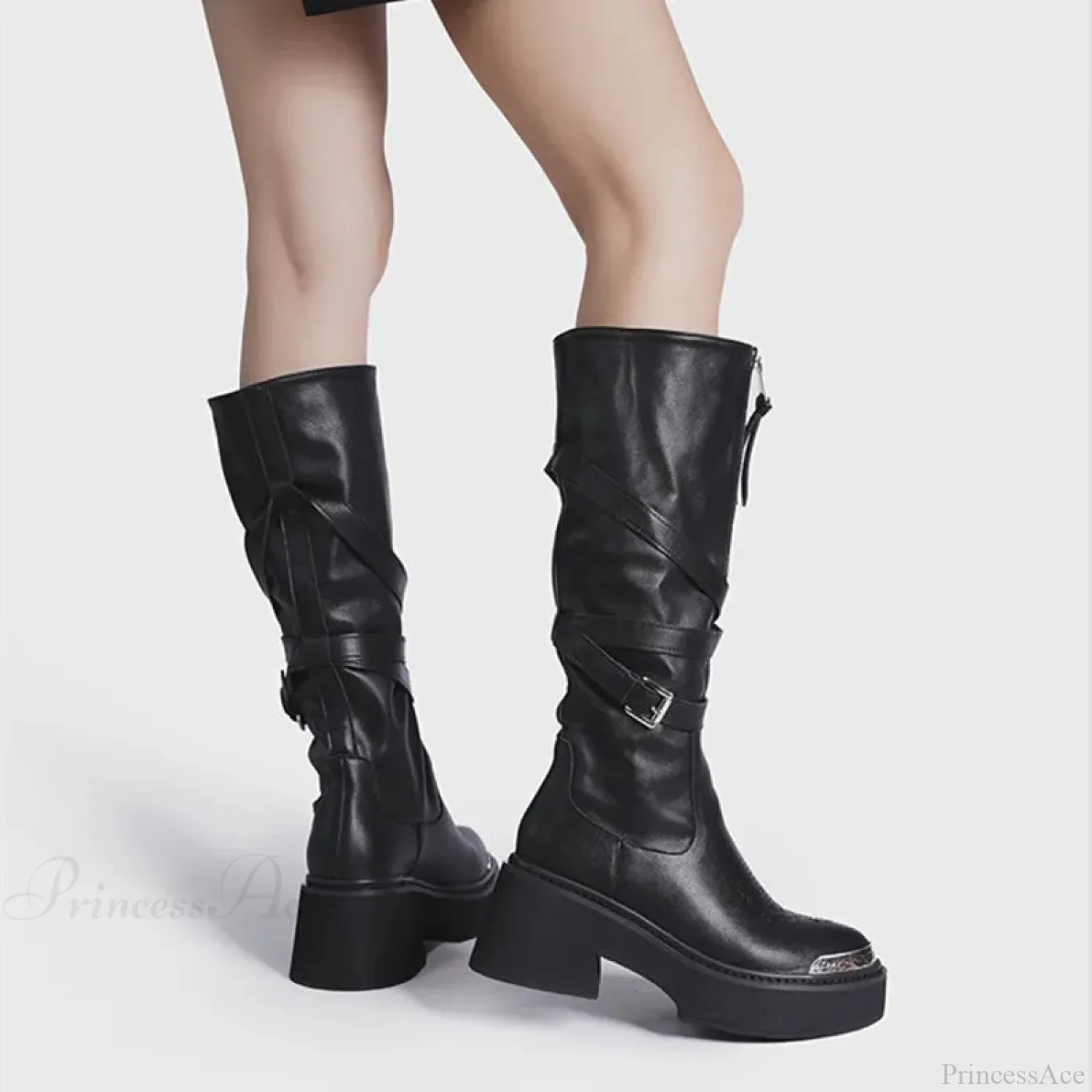 Zipper Dark Knee-High Motorcycle Wedge Boot - Image 2
